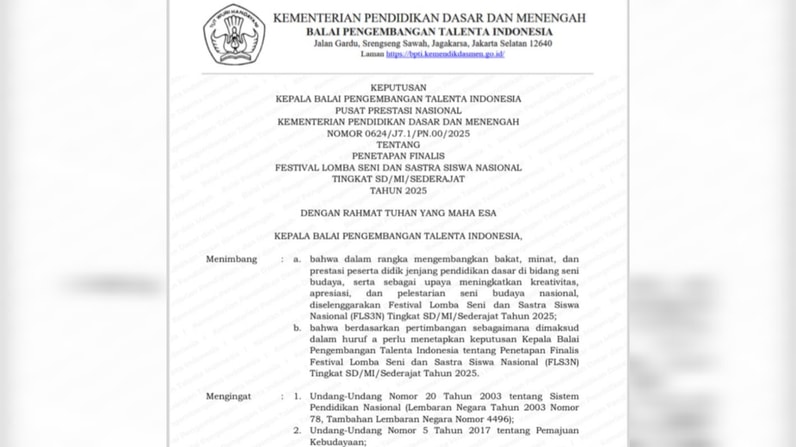 Surat keputusan penetapan finalis yang berhasil meraih juara FLS3N tingkat provinsi. (Foto: Tangkap Layar)