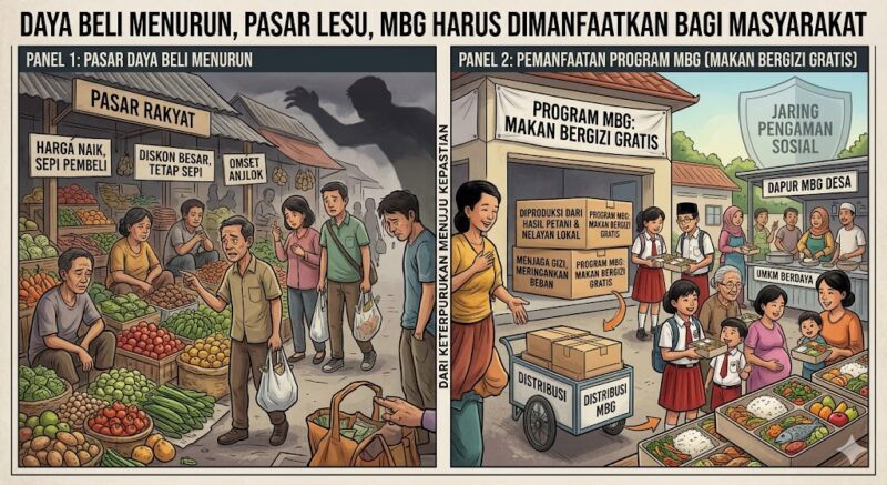 Ilustrasi pasar dan MBG jadi pertumbuhan ekonomi baru. (Bentangkaltim.com/AI).