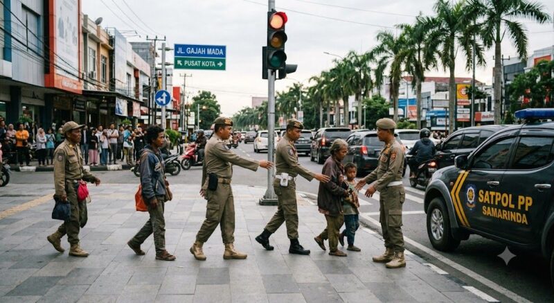  Ilustrasi Satpol PP amankan para anjal dan gepeng di lampu merah. (Bentangkaltim.com/AI).