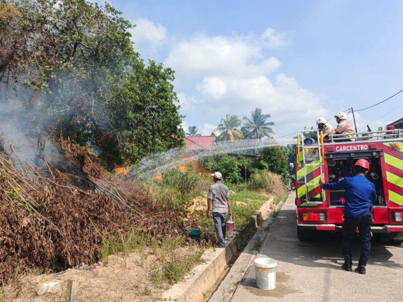 Proses petugas damkar memadamkan kebakaran lahan. (PPID Damkar Bontang)